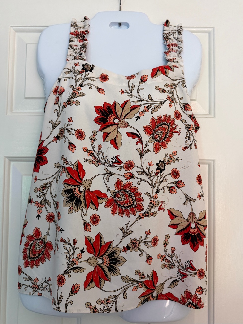 LOFT Floral Smocked Strap Tank Top White Red Paisley Print Small